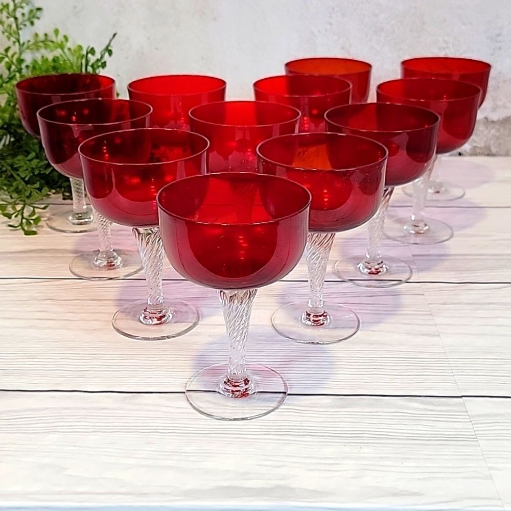 Colony glass Saturn pattern red clear twist stem Set of 12 sherbert glasses